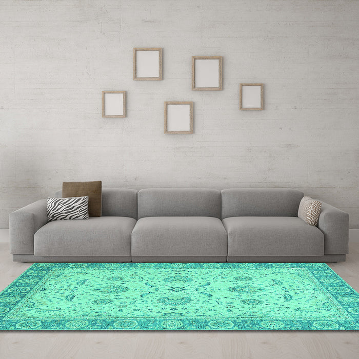 Machine Washable Oriental Turquoise Traditional Area Rugs in a Living Room,, wshabs2778turq