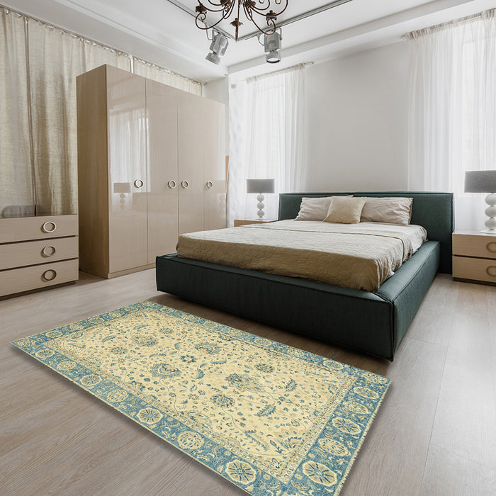 Abstract Brown Gold Oriental Rug in a Bedroom, abs2778