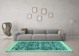Machine Washable Oriental Turquoise Traditional Area Rugs in a Living Room,, wshabs2779turq