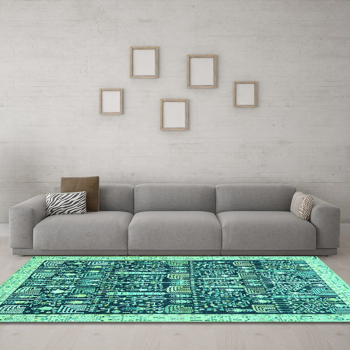 Machine Washable Oriental Turquoise Traditional Area Rugs in a Living Room,, wshabs2779turq