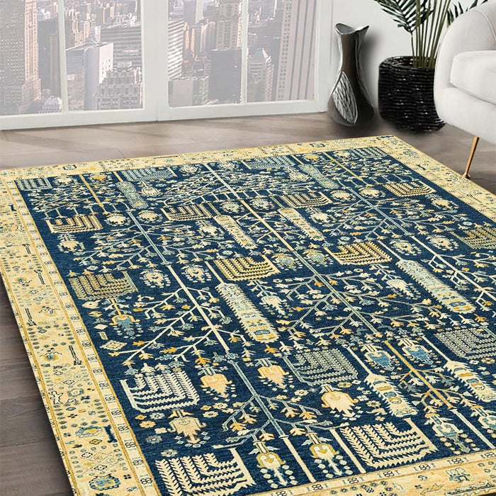 Abstract Brown Gold Oriental Rug in Family Room, abs2779