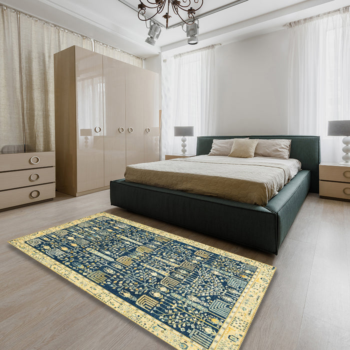 Abstract Brown Gold Oriental Rug in a Bedroom, abs2779