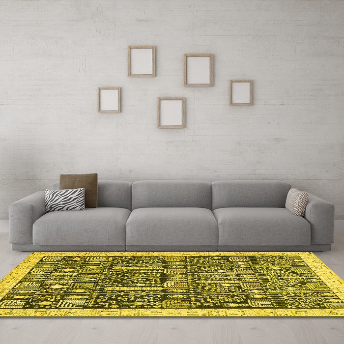 Machine Washable Oriental Yellow Traditional Rug in a Living Room, wshabs2779yw