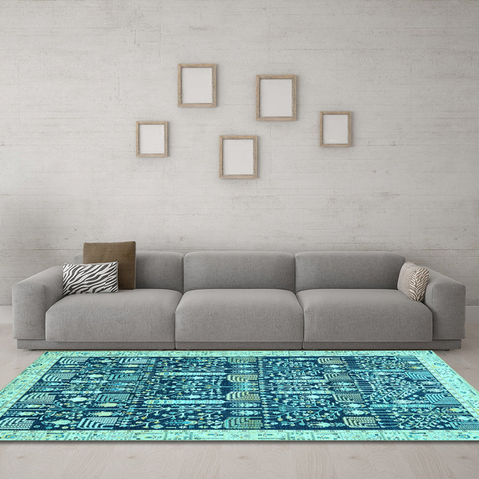 Machine Washable Oriental Light Blue Traditional Rug in a Living Room, wshabs2779lblu