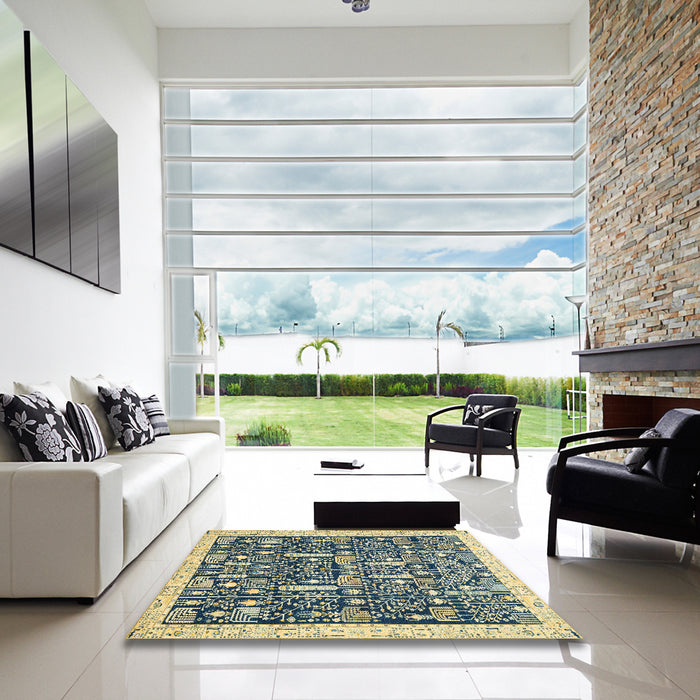 Square Abstract Brown Gold Oriental Rug in a Living Room, abs2779