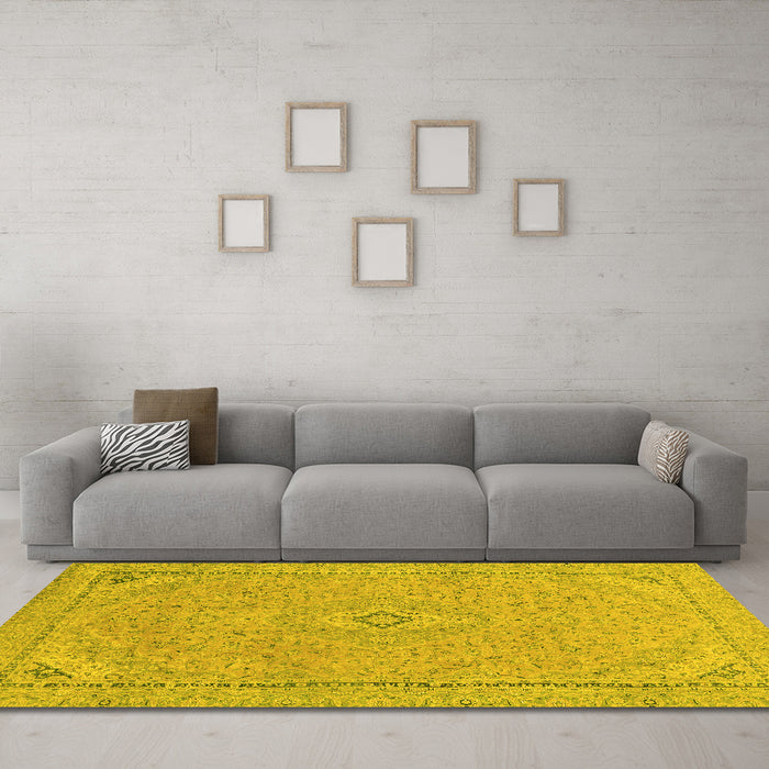 Machine Washable Abstract Yellow Modern Rug in a Living Room, wshabs2781yw