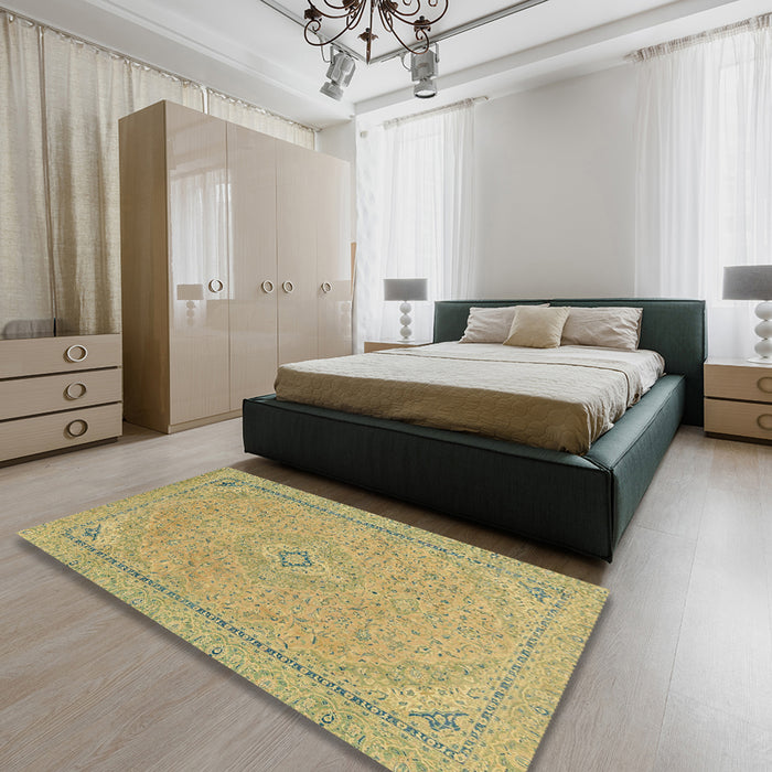 Machine Washable Abstract Metallic Gold Rug in a Bedroom, wshabs2781