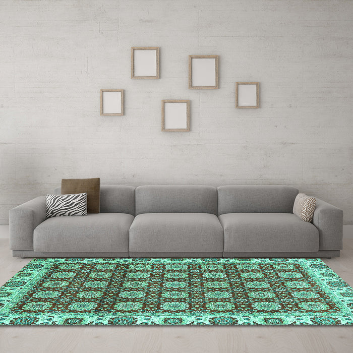 Machine Washable Oriental Turquoise Traditional Area Rugs in a Living Room,, wshabs2783turq