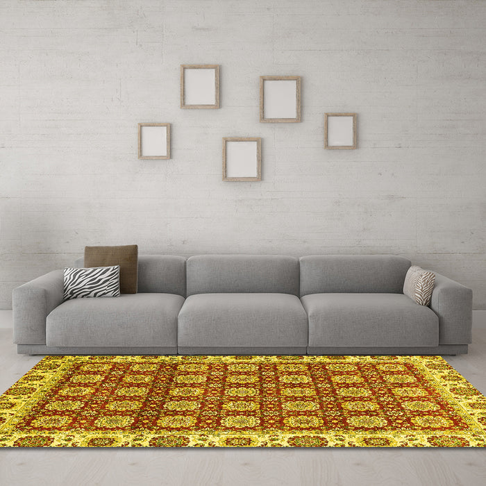 Machine Washable Oriental Yellow Traditional Rug in a Living Room, wshabs2783yw