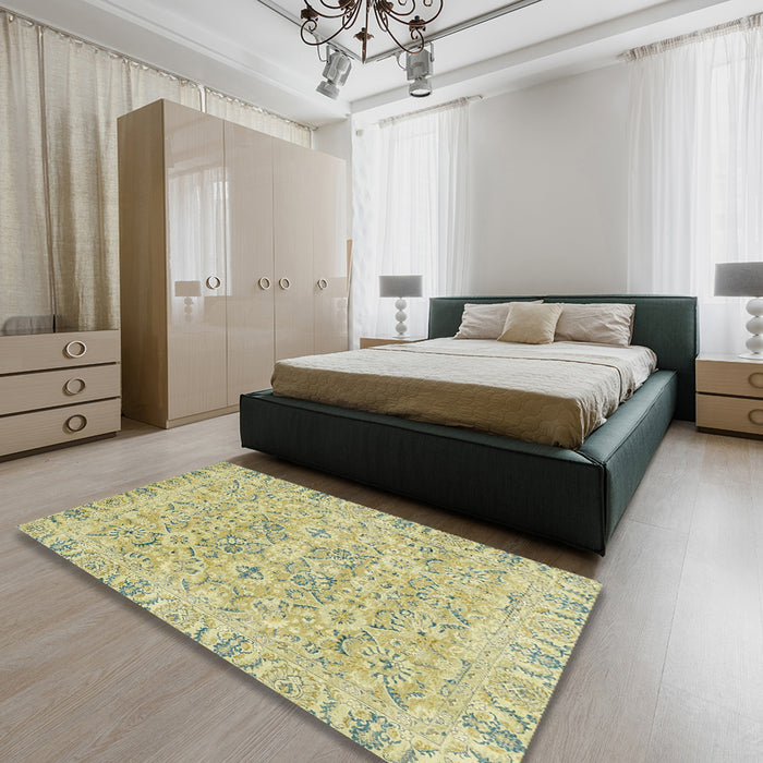 Abstract Copper Green Oriental Rug in a Bedroom, abs2784