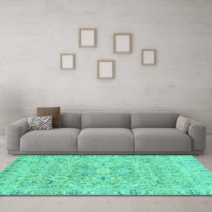Machine Washable Oriental Turquoise Traditional Area Rugs in a Living Room,, wshabs2784turq