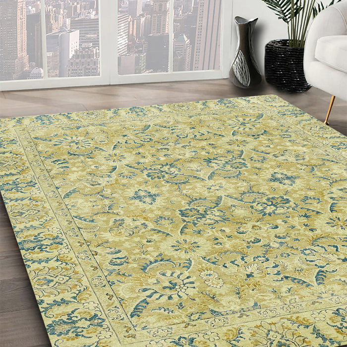 Abstract Copper Green Oriental Rug in Family Room, abs2784