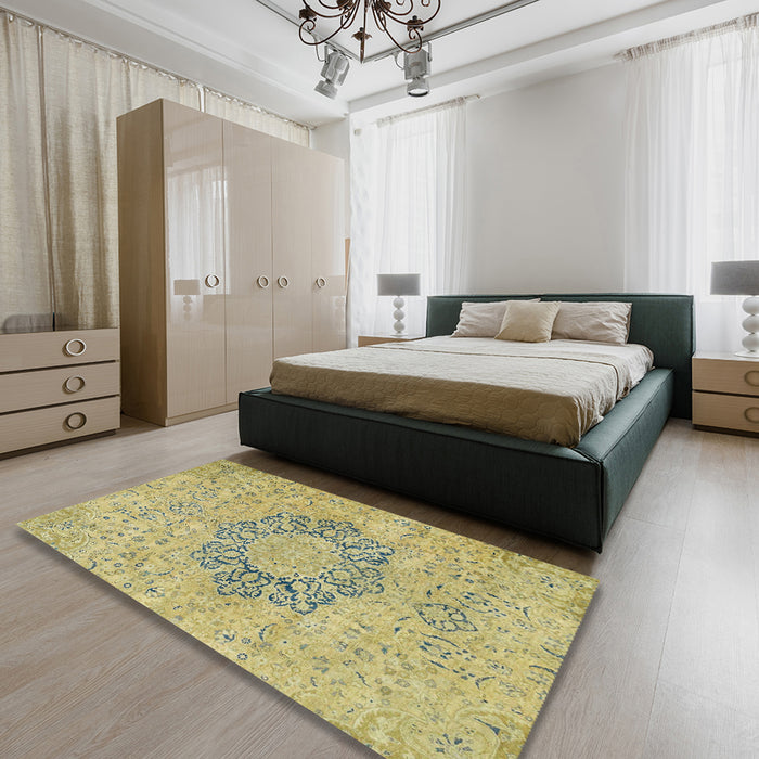 Abstract Copper Green Modern Rug in a Bedroom, abs2785