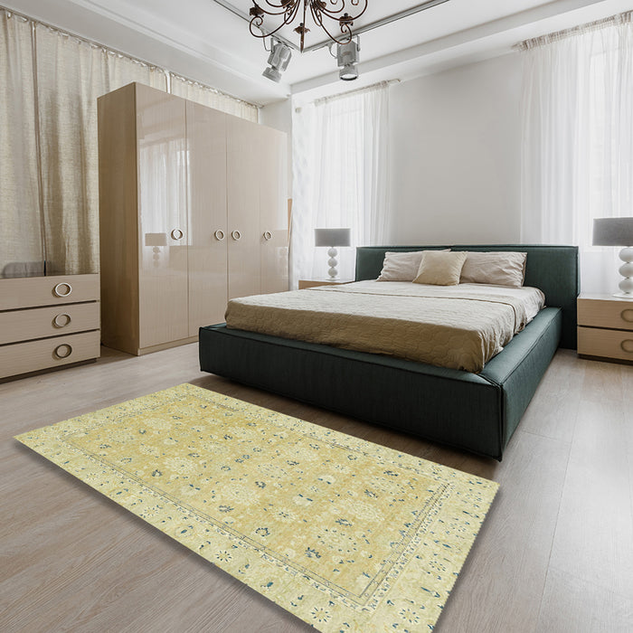 Machine Washable Abstract Brown Gold Rug in a Bedroom, wshabs2786