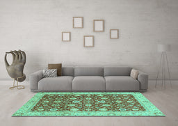 Machine Washable Oriental Turquoise Traditional Area Rugs in a Living Room,, wshabs2787turq