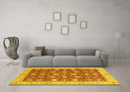 Machine Washable Oriental Yellow Traditional Rug in a Living Room, wshabs2787yw