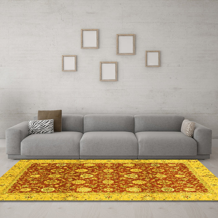 Machine Washable Oriental Yellow Traditional Rug in a Living Room, wshabs2787yw