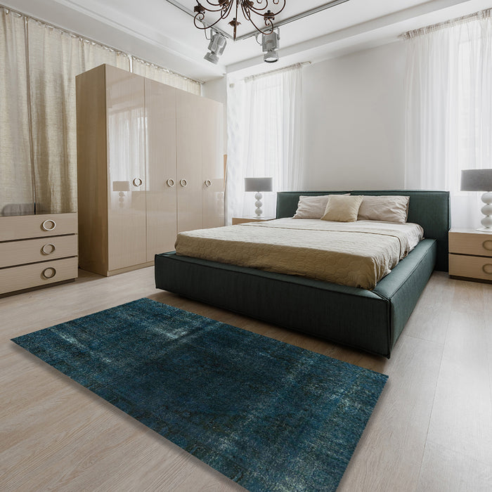 Abstract Dark Blue Grey Blue Persian Rug in a Bedroom, abs2789