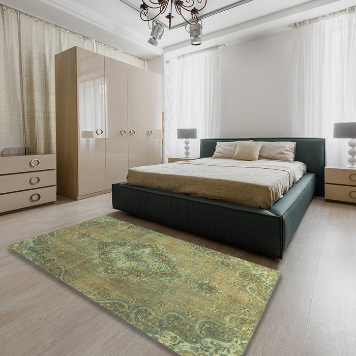 Machine Washable Abstract Brass Green Rug in a Bedroom, wshabs2796