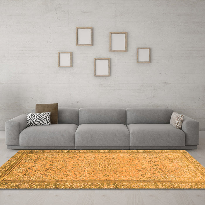 Machine Washable Abstract Orange Modern Area Rugs in a Living Room, wshabs2797org