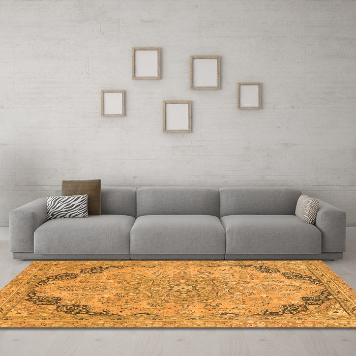 Machine Washable Abstract Orange Modern Area Rugs in a Living Room, wshabs2798org