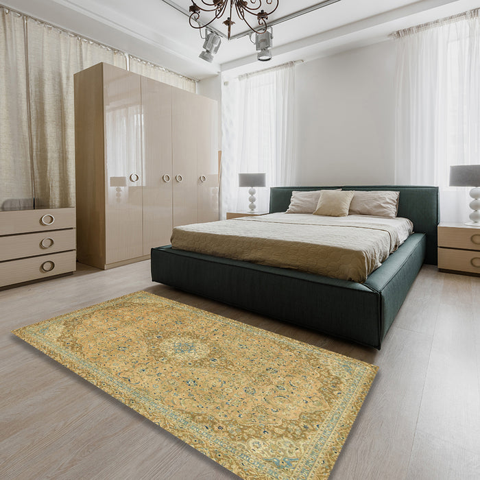 Abstract Metallic Gold Modern Rug in a Bedroom, abs2799