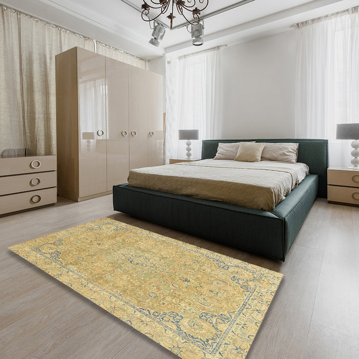 Abstract Chrome Gold Yellow Modern Rug in a Bedroom, abs2802
