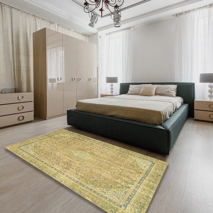 Abstract Golden Brown Yellow Modern Rug in a Bedroom, abs2804