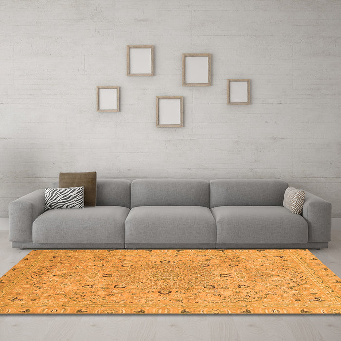 Machine Washable Abstract Orange Modern Area Rugs in a Living Room, wshabs2808org
