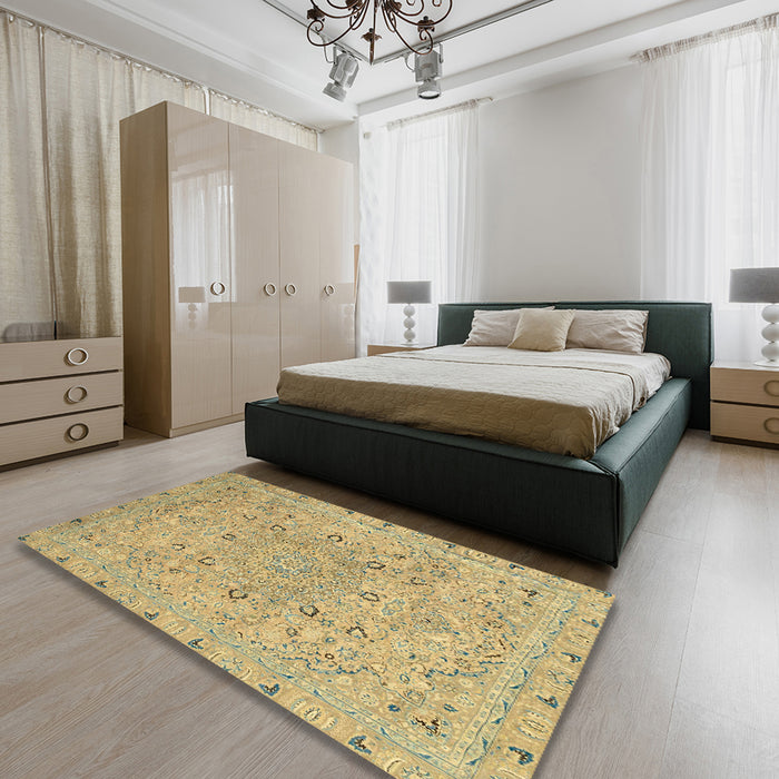 Abstract Chrome Gold Yellow Modern Rug in a Bedroom, abs2808