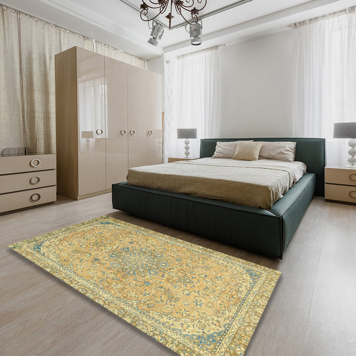 Abstract Chrome Gold Yellow Modern Rug in a Bedroom, abs2809