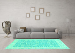 Machine Washable Oriental Turquoise Traditional Area Rugs in a Living Room,, wshabs2818turq