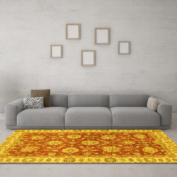 Machine Washable Oriental Yellow Traditional Rug in a Living Room, wshabs2821yw