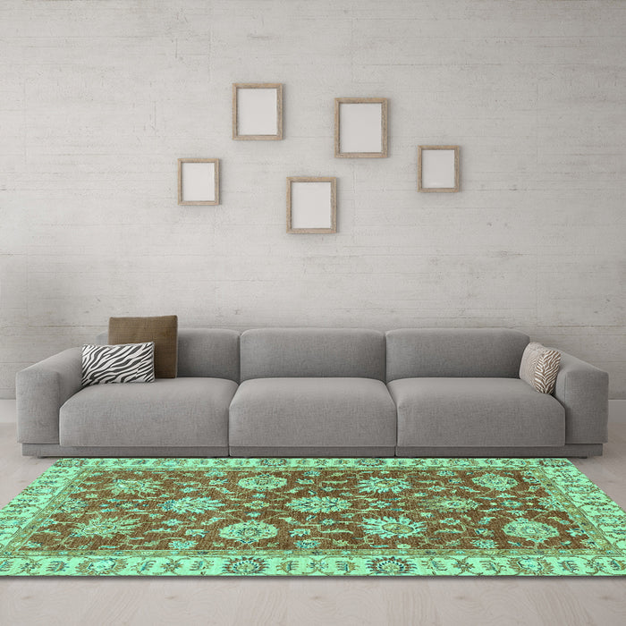 Machine Washable Oriental Turquoise Traditional Area Rugs in a Living Room,, wshabs2821turq