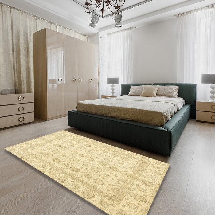 Abstract Sun Yellow Oriental Rug in a Bedroom, abs2822