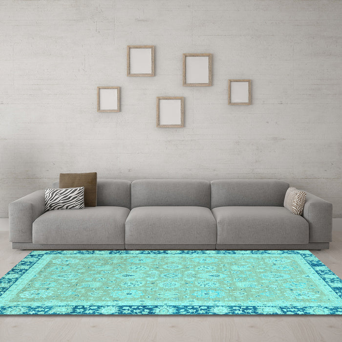 Machine Washable Oriental Light Blue Traditional Rug in a Living Room, wshabs2824lblu