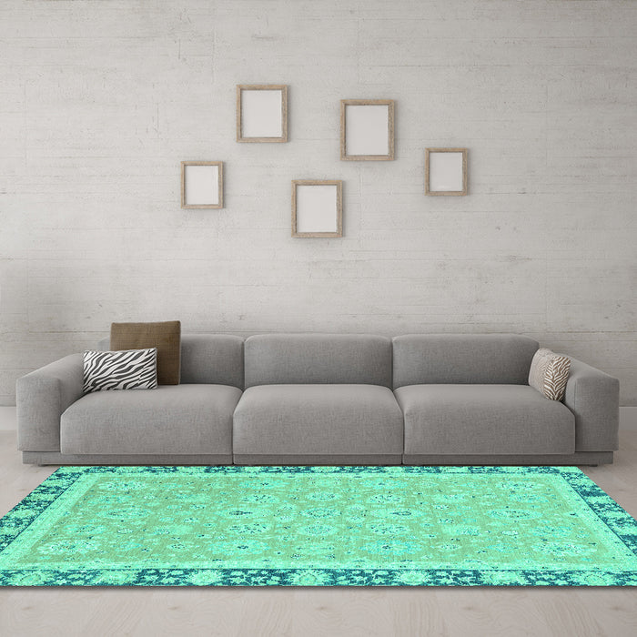 Machine Washable Oriental Turquoise Traditional Area Rugs in a Living Room,, wshabs2824turq