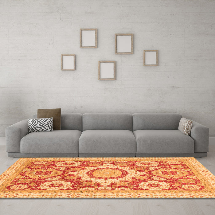 Machine Washable Abstract Orange Modern Area Rugs in a Living Room, wshabs2825org