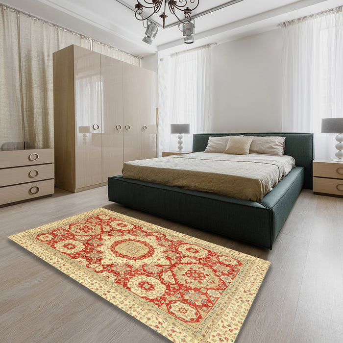 Abstract Mustard Yellow Modern Rug in a Bedroom, abs2825