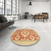 Round Machine Washable Abstract Mustard Yellow Rug in a Office, wshabs2825