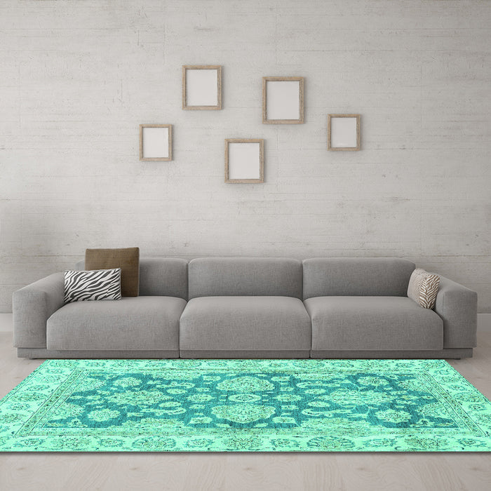 Machine Washable Oriental Turquoise Traditional Area Rugs in a Living Room,, wshabs2838turq