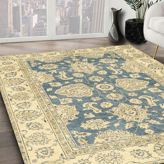 Abstract Brown Gold Oriental Rug in Family Room, abs2838