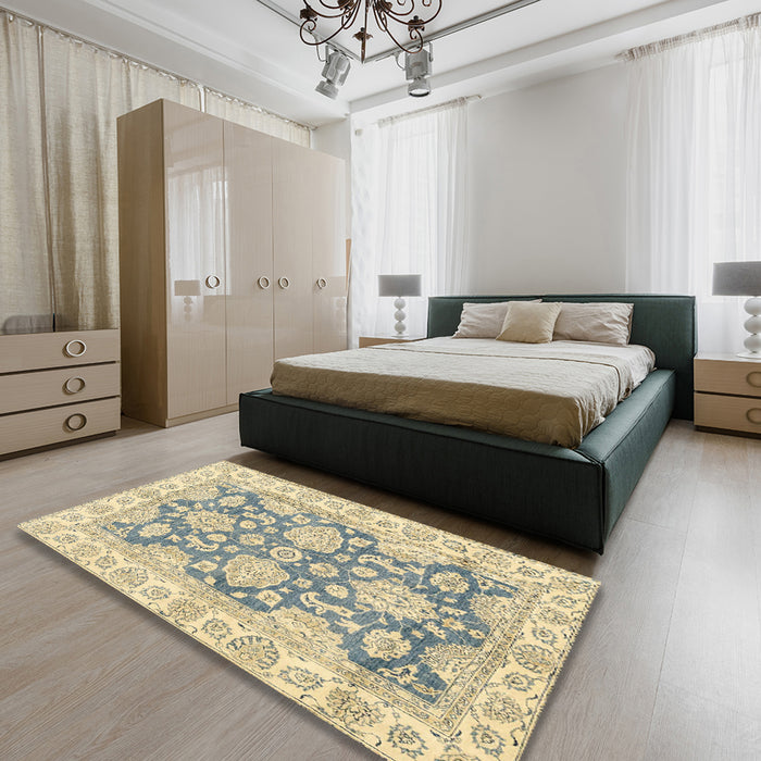 Abstract Brown Gold Oriental Rug in a Bedroom, abs2838