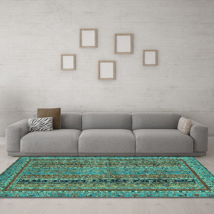 Machine Washable Abstract Turquoise Modern Area Rugs in a Living Room,, wshabs2839turq