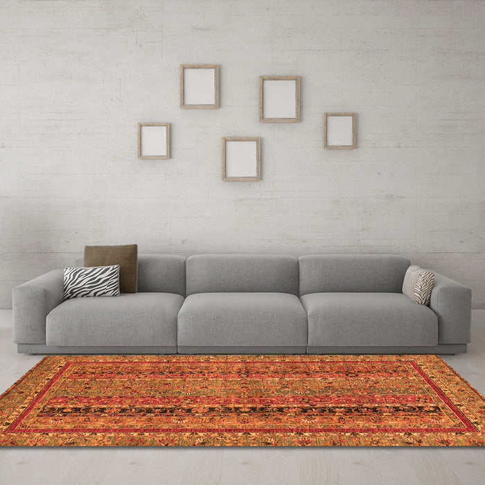 Machine Washable Abstract Orange Modern Area Rugs in a Living Room, wshabs2839org