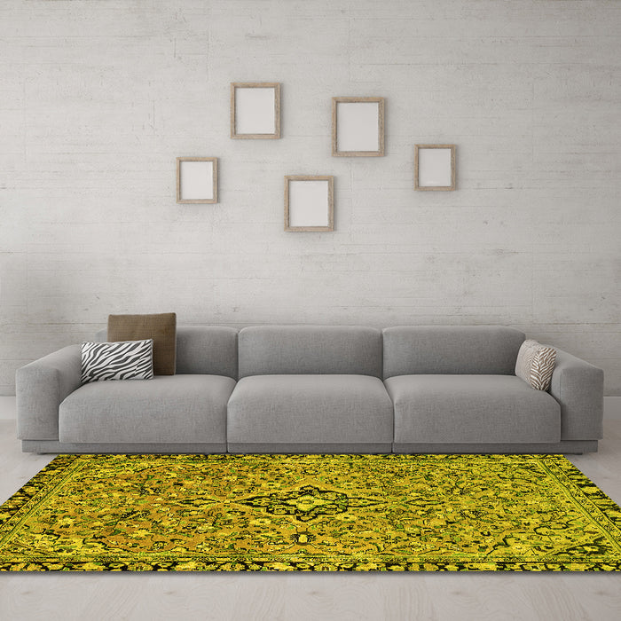 Machine Washable Abstract Yellow Modern Rug in a Living Room, wshabs2849yw