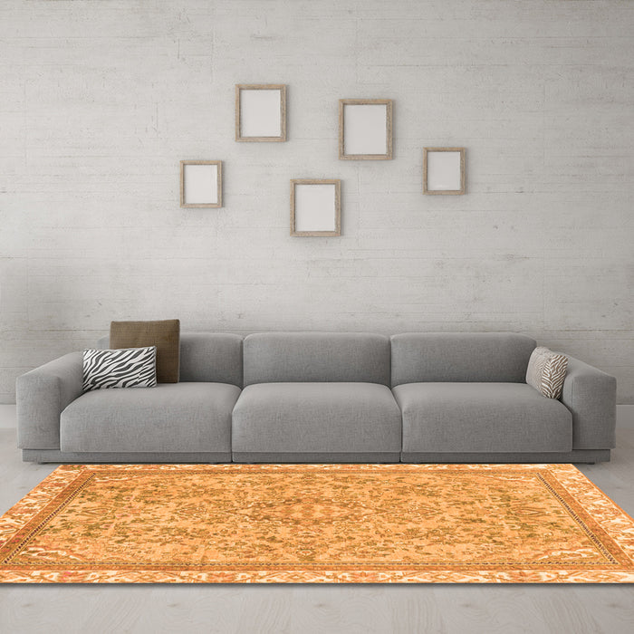 Machine Washable Abstract Orange Modern Area Rugs in a Living Room, wshabs2855org