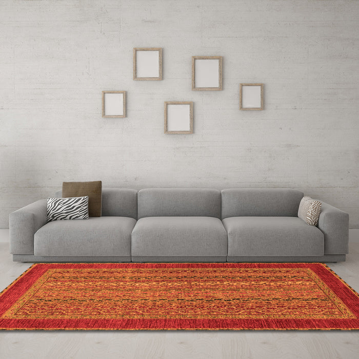Machine Washable Abstract Orange Modern Area Rugs in a Living Room, wshabs2859org