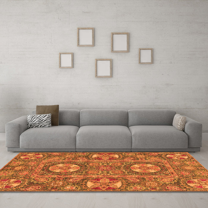 Machine Washable Abstract Orange Modern Area Rugs in a Living Room, wshabs2860org
