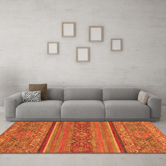 Machine Washable Abstract Orange Modern Area Rugs in a Living Room, wshabs2862org